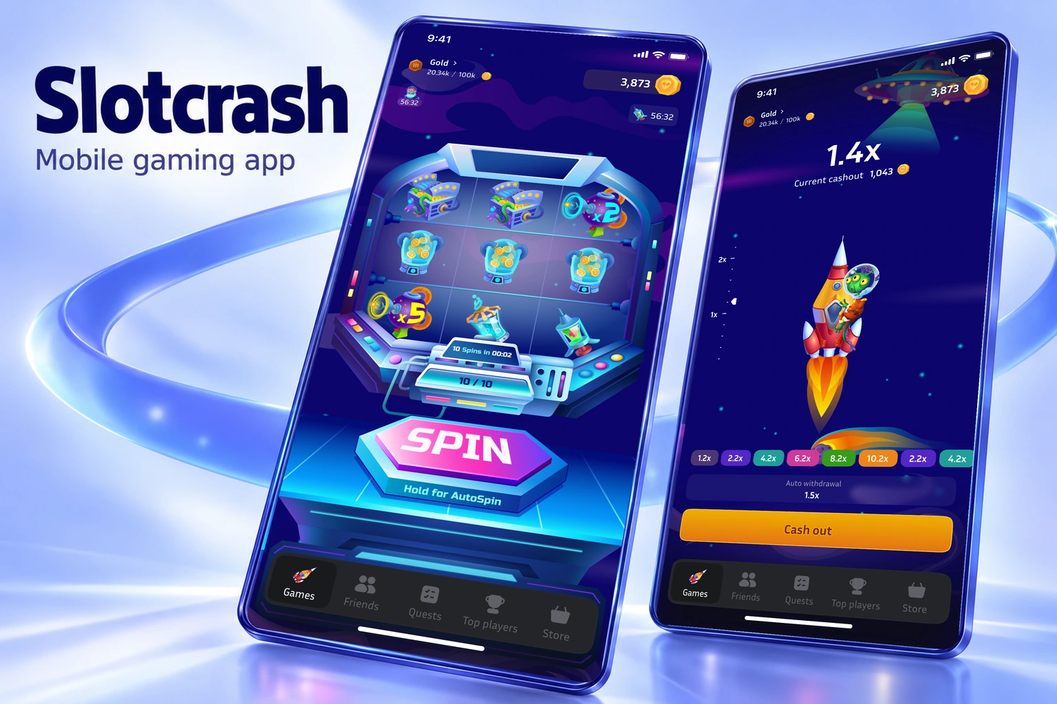 Slotcrash mobile slot-machine and rocket gameplay interfaces on a blue orbital background