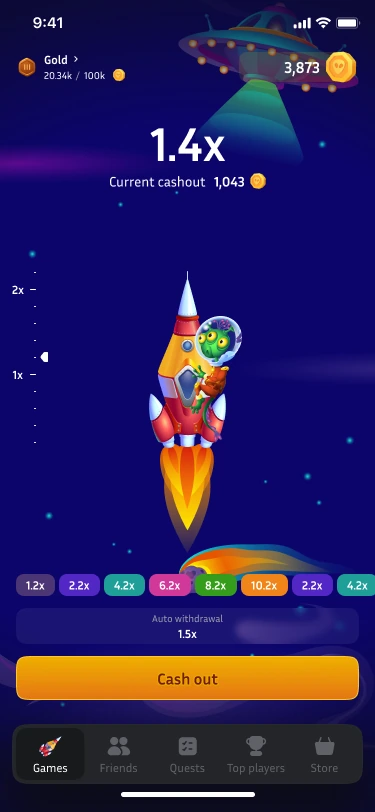 Rocket game — active multiplier and action controls