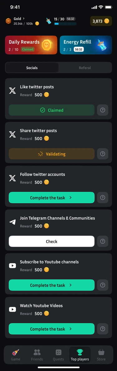 Social quests — available, validating and claimed states