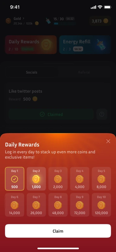 Daily rewards — calendar and collection panel
