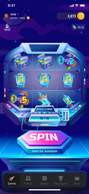 Slot-style game — symbols, spin control and navigation