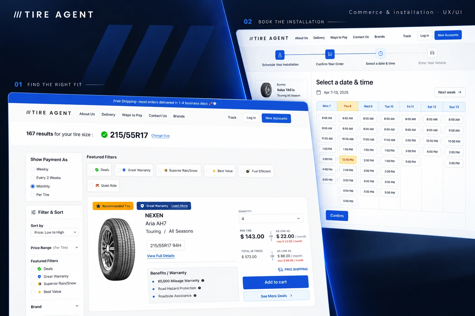 Tire Agent — commerce and installation UX/UI, with large tire-search and appointment-calendar interfaces connected within a dark cobalt-accented frame